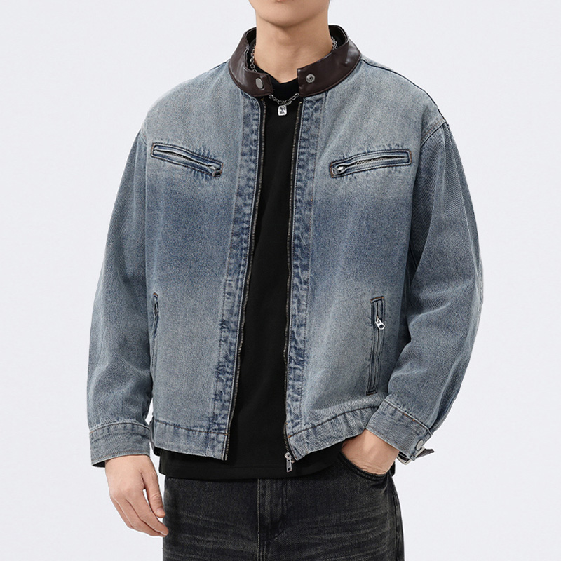 Men'S Fashion Leather Jacket - 스탠드 가죽 칼라 데님 재킷 남성