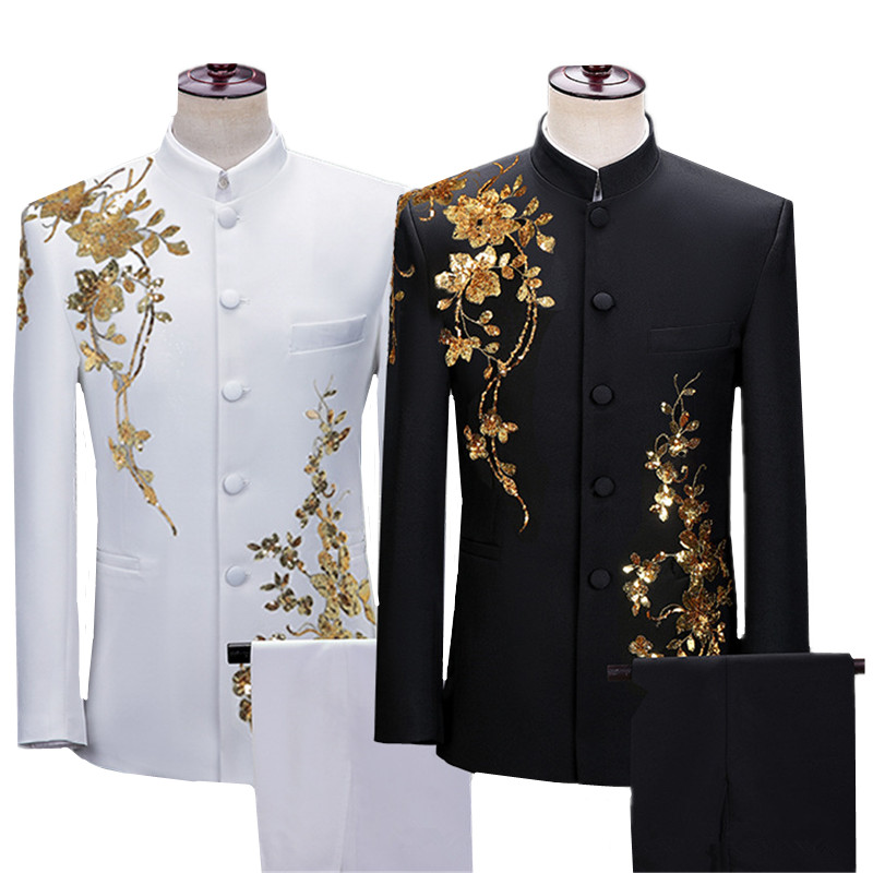 Men'S Dress Pants Fashion - 남성용 스탠드 업 칼라 꽃 세트,